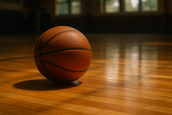 of a single basketball resting on a hardwood court floor under arena lighting, no people, no text