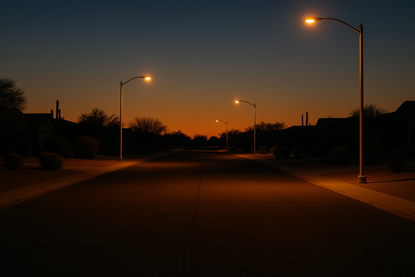 Empty residential street at night in a desert suburb, streetlights casting orange light on asphalt, no people
