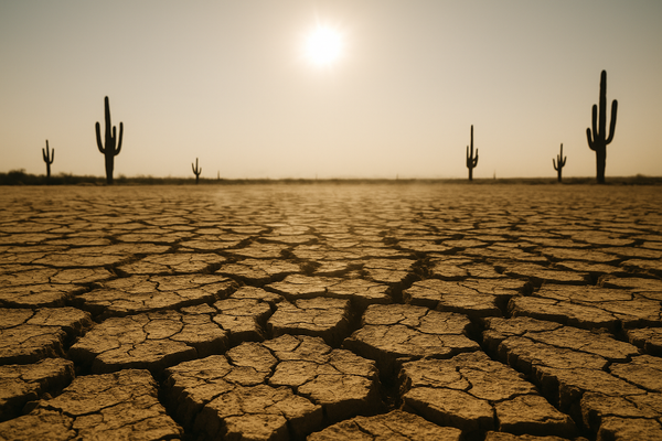 of a dry desert landscape at midday, heat shimmer rising from cracked earth, saguaro cactus silhouettes, cloudless pale blue