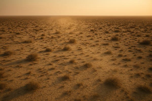 Wide aerial view of a sun-baked desert landscape at dusk, heat shimmer visible over dry scrubland, pale orange sky