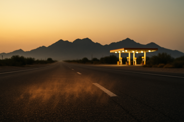 of a desert highway at dusk, heat shimmer rising from asphalt, gas station canopy lights glowing in the distance, McDowell Mo