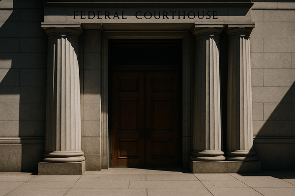of a federal courthouse entrance, stone columns, no people, midday light