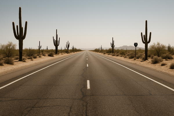 of an empty desert interstate highway at midday, heat shimmer rising from asphalt, sparse saguaro cacti on the shoulder, pale