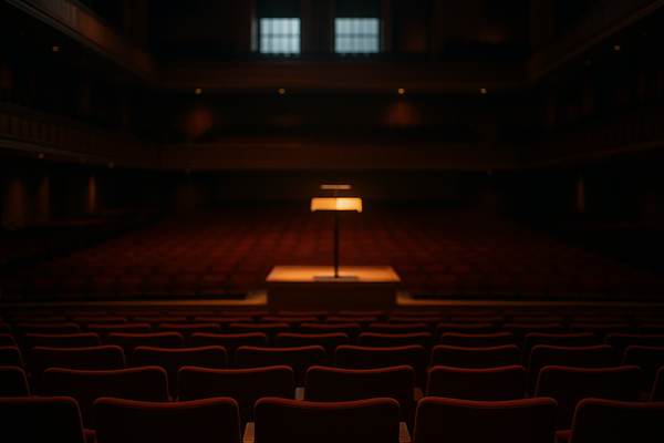 Empty concert hall interior at dusk, warm stage lighting illuminating an unoccupied conductor's podium, rows of vacant red se