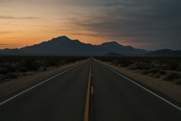 Empty desert highway at dusk near a small Arizona town, mountains in the background, no people