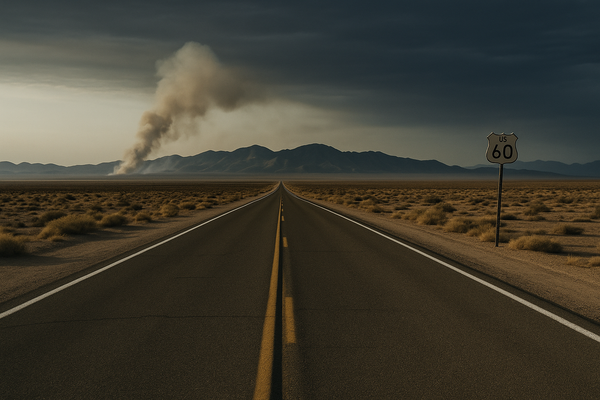 Wide desert highway stretching toward a distant mountain range, smoke visible on the horizon at dusk, no people or vehicles