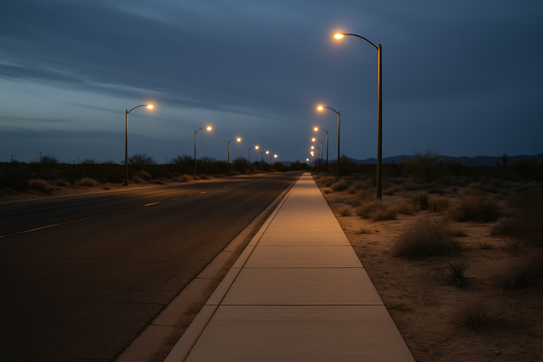 Empty desert sidewalk at dusk near a busy arterial road, streetlights beginning to glow, no people visible