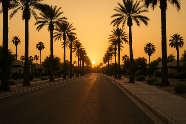 Empty suburban street at dusk in the Arizona desert, palm trees lining the sidewalk, warm golden light fading on the horizon