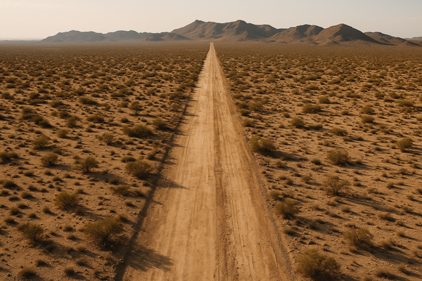 view of a desert landscape with a long straight pipeline corridor cutting through arid scrubland, late afternoon light, no pe