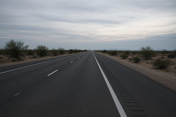 of an empty desert freeway at dawn, pale sky, sparse desert vegetation on either side, no vehicles or people