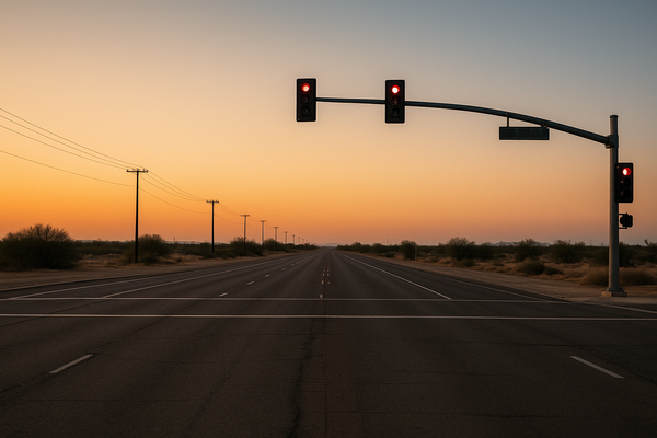 of a two-lane desert highway intersection at dawn, orange sky, no vehicles, traffic signal visible overhead