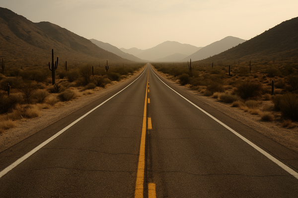 of a two-lane desert highway cutting through dry scrub brush and saguaro-dotted hillsides under a hazy afternoon sky, no peop