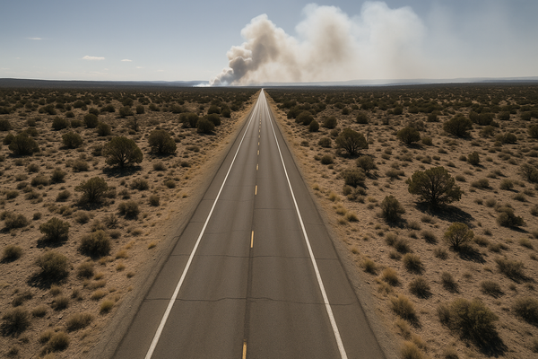 view of a two-lane highway cutting through dry Arizona scrubland, smoke visible on the horizon, no people or vehicles