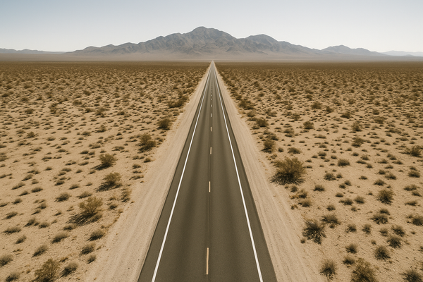 Wide aerial view of a two-lane desert highway stretching toward a mountain range under a bright midday sky, no vehicles, no t