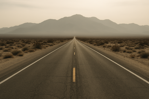 of a two-lane desert highway stretching toward distant mountains under a hazy afternoon sky, no vehicles, no people