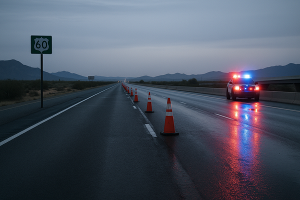 of a desert freeway at dawn, empty lanes with orange cones and emergency vehicle lights reflecting on asphalt, no people visi