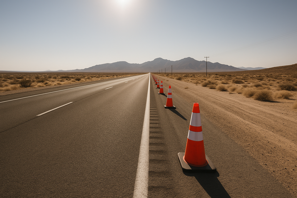 of a desert highway stretching toward a mountain range at midday, no vehicles, orange construction cones visible on the shoul
