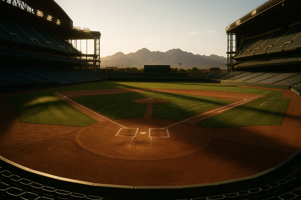 Empty baseball stadium at dusk, desert mountains visible beyond the outfield wall, warm golden light on the infield dirt