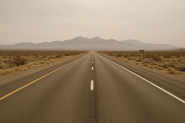 of a desert highway stretching toward distant mountains under a hazy midday sky, no vehicles, no signage visible