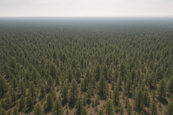Wide aerial view of a dry ponderosa pine forest in northern Arizona under a hazy summer sky, no people, no text