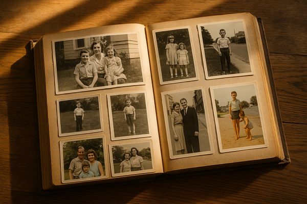 of an old family photograph album open on a wooden table, warm afternoon light, no people visible