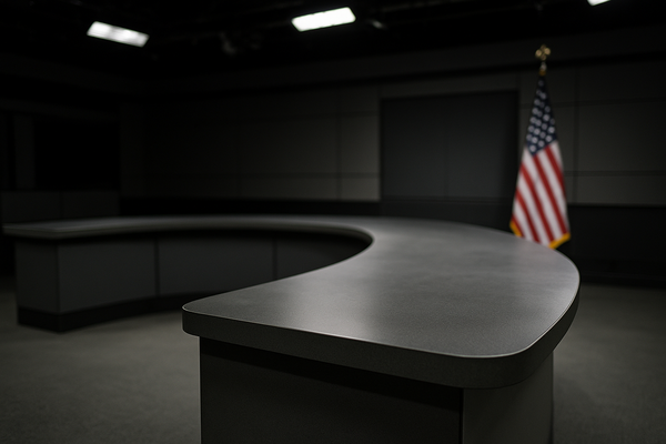 Empty television studio stage with a curved panel desk, soft stage lighting, and an American flag in the background, no peopl