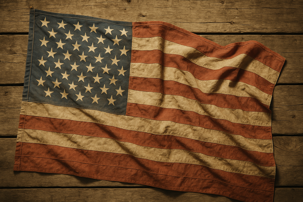 of a vintage American flag draped over a wooden surface, natural light, no people, no text