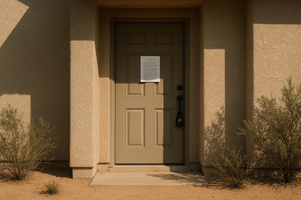 of a residential front door with a lockbox and a legal notice posted on it, desert landscaping visible, midday light