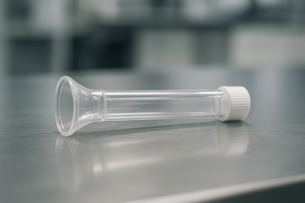 of a clear medical breath-collection tube resting on a laboratory bench, soft clinical lighting, no people
