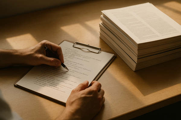 of a researcher's hands writing notes on a clipboard beside a stack of academic journals, warm indoor light, no people visibl