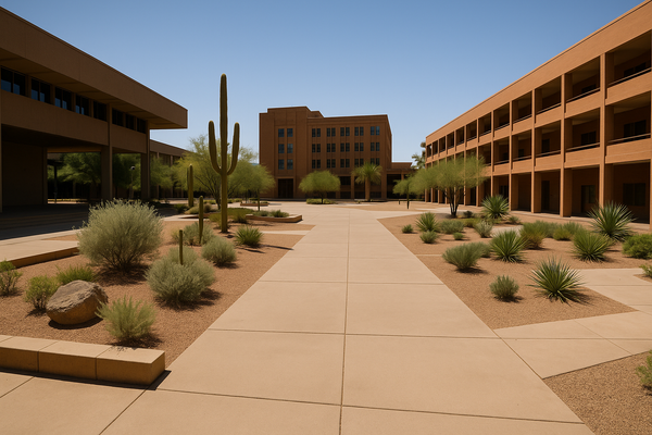 of a university campus courtyard at midday, desert landscaping, empty walkways, warm light
