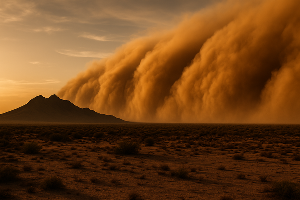 Wide desert landscape at dusk with a towering wall of brown dust approaching on the horizon, McDowell Mountains silhouetted i