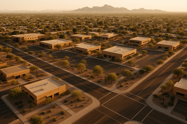 Wide aerial view of a suburban Phoenix intersection at golden hour, low-rise buildings and desert landscaping visible, no peo