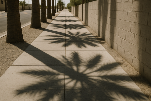 of a sun-bleached sidewalk in a desert city at midday, deep shadows cast by palm trees and a concrete wall, no people