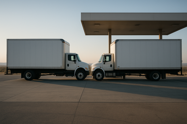 Two large white moving trucks parked side by side at a gas station forecourt at dawn, desert landscape in background, no peop