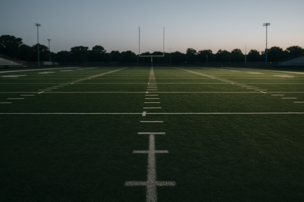 Empty NFL practice field at dawn, green grass with yard lines, goalposts visible in background, no people