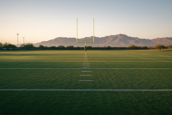 Empty NFL practice field at dawn, green turf stretching toward goalposts, desert mountains visible in the background