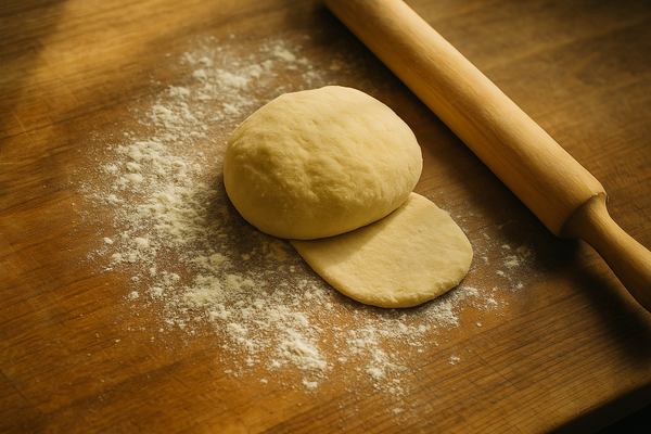 of fresh pasta dough being rolled on a wooden surface, flour dusted, warm kitchen light, no people visible