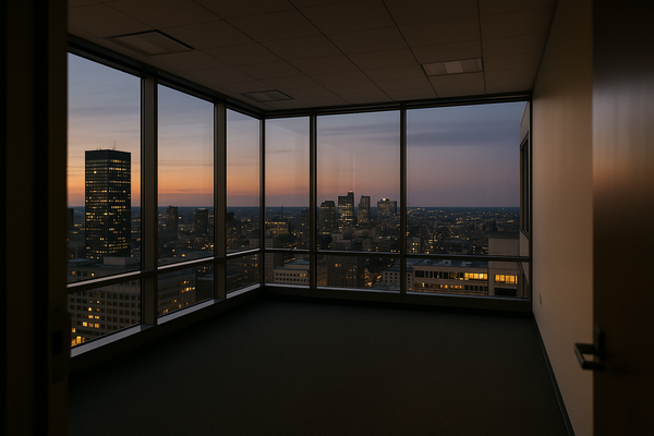 Empty glass-walled corner office at dusk, city lights visible through floor-to-ceiling windows, no people