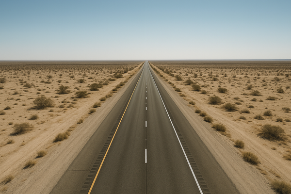 Wide aerial view of a desert interstate highway stretching toward a flat horizon at midday, no vehicles visible, pale blue sk