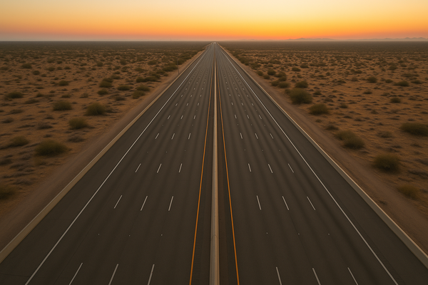 Wide aerial view of an empty desert freeway at dawn, orange sky, no vehicles, no text