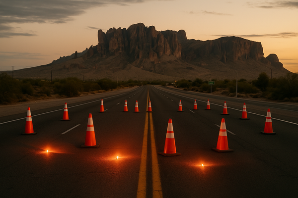 of a desert highway at dusk, orange cones and flares visible on the roadway, Superstition Mountains in the background