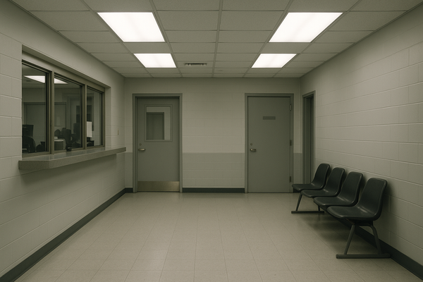 Empty police station lobby interior, fluorescent lighting, reception counter, no people, neutral tones