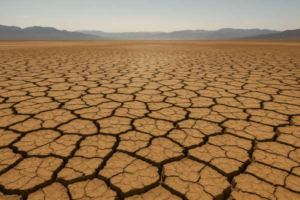 Wide aerial view of a sun-baked desert valley at midday, heat shimmer rising from cracked earth, pale blue sky, no people