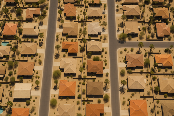 view of a residential neighborhood in the Sonoran Desert at midday, palm trees and terracotta rooftops visible, no people
