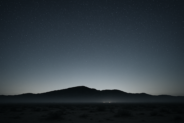 Wide desert sky over a low ridge at night, faint haze visible near the horizon, no people