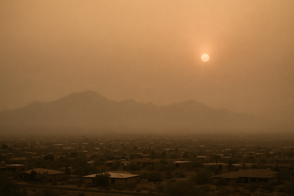 of a hazy desert sky at dusk over a low-rise Arizona town, McDowell Mountains faintly visible through orange-tinted smog, no