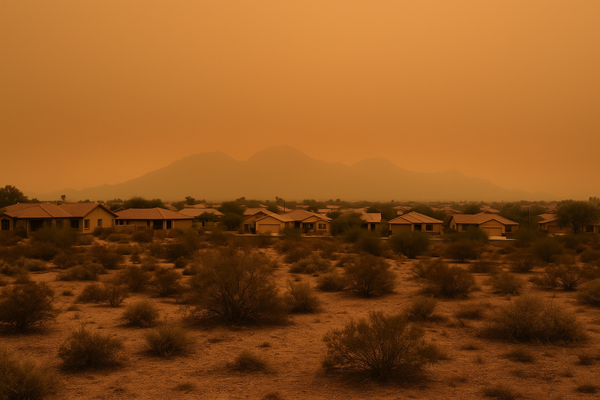 of a hazy desert sky at dusk over a suburban Arizona landscape, McDowell Mountains faintly visible through orange-tinged smog