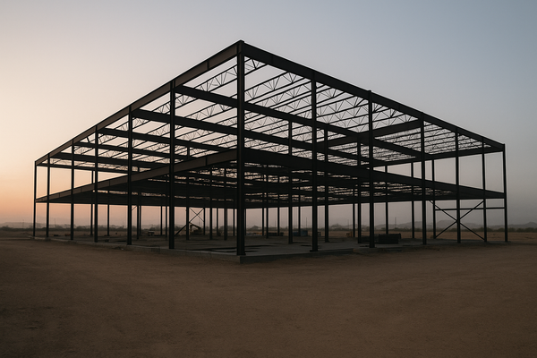 of a commercial construction site at early morning, steel framing in silhouette against a pale desert sky, no people visible