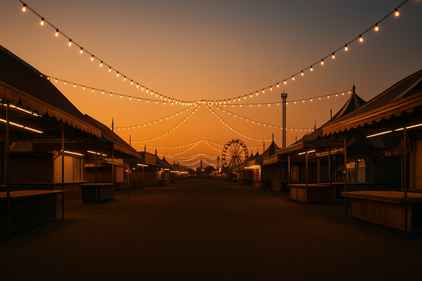 of an outdoor fairground at dusk, string lights over a midway, no people, warm amber sky